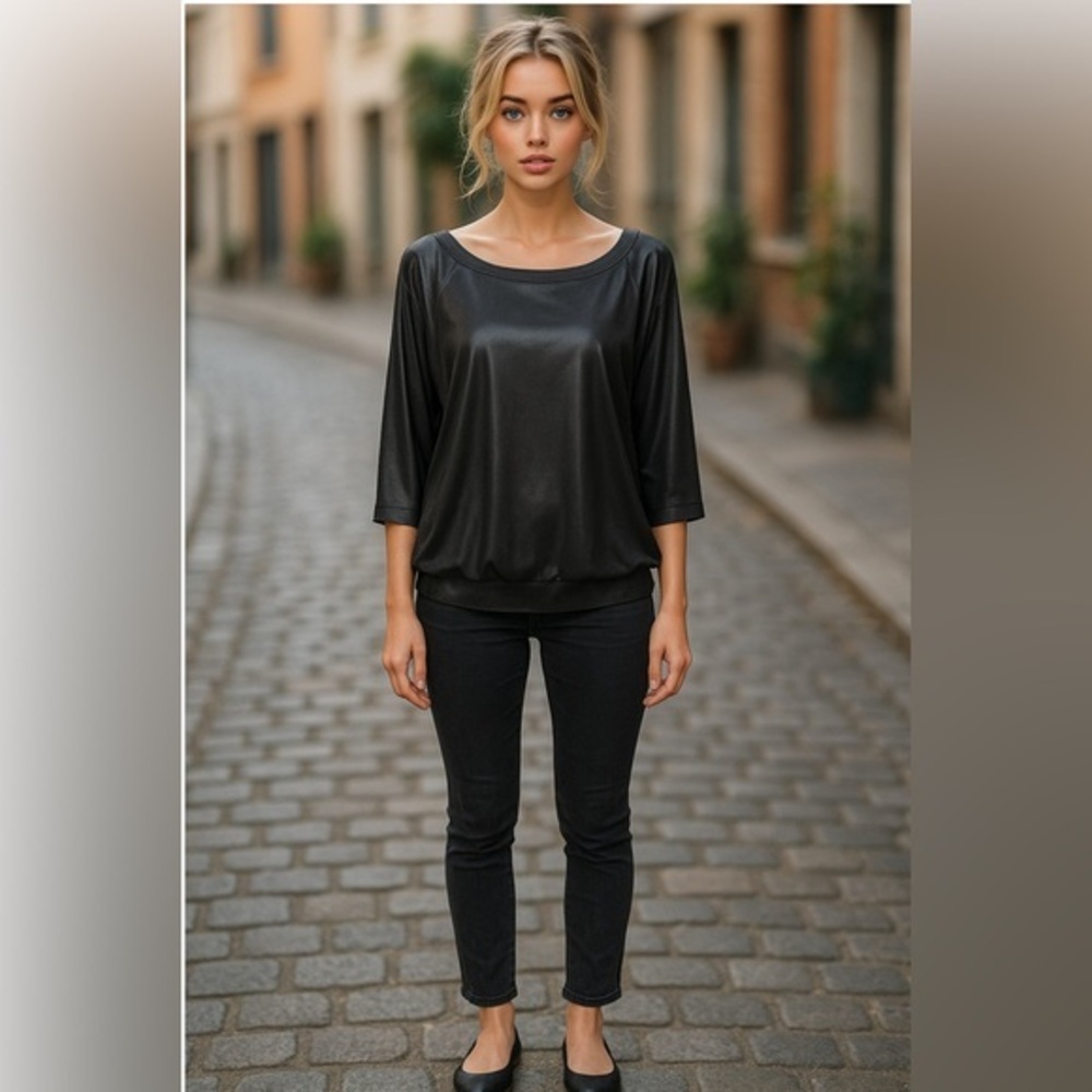 🖤RACHEL Rachel Roy Black 3/4-Sleeve Lam'E Top, boat neck, elastic cuff & hem 🖤